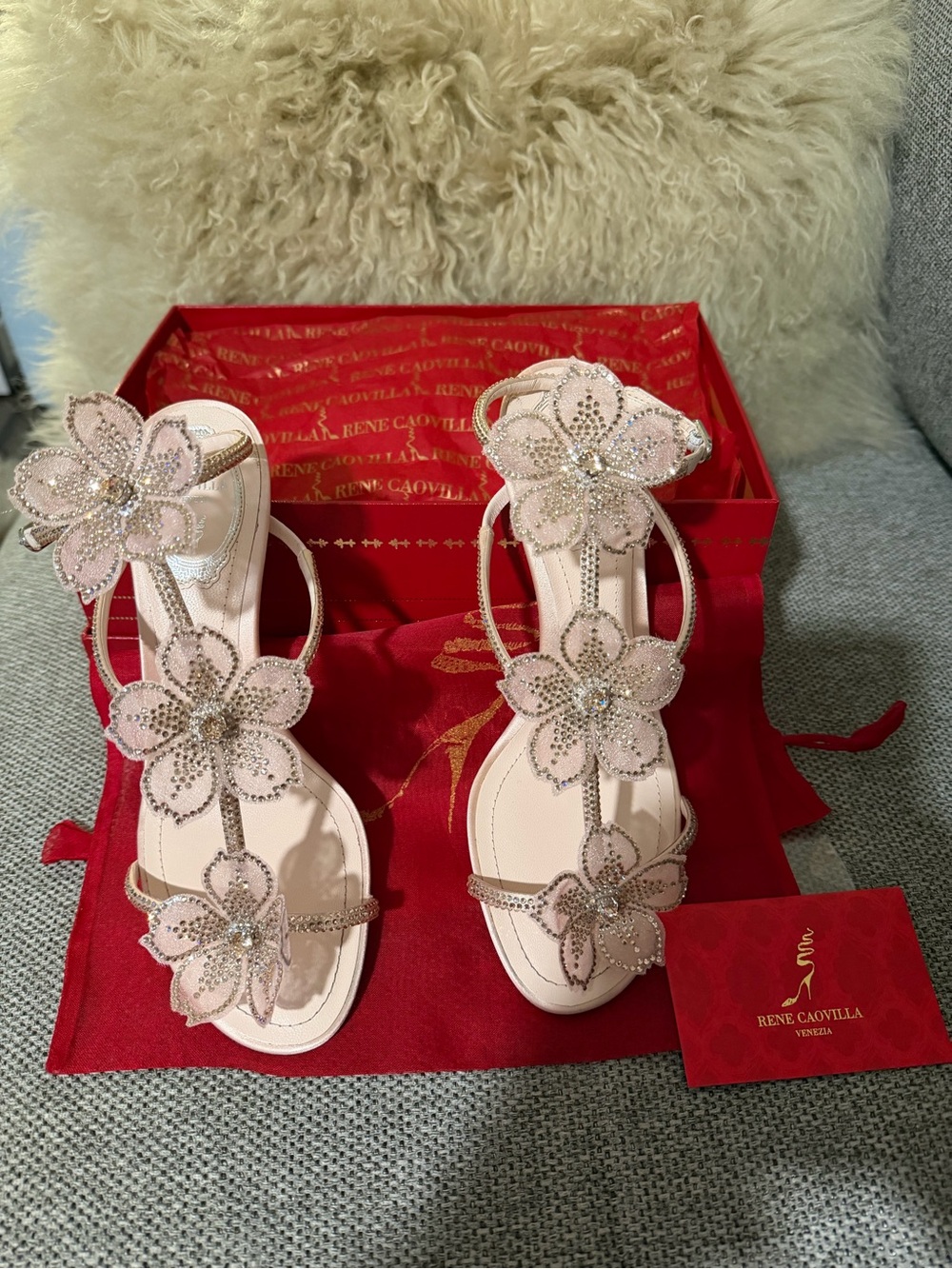Rene Caovilla Blush Pink Floral Crystal T-Strap Sandals w/Satin Heels